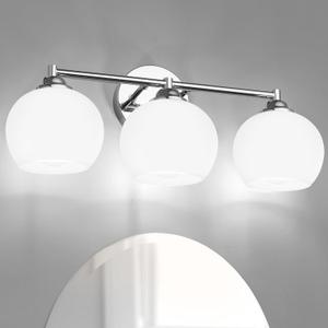 Chrome Bathroom Light Fixtures,3-Light Vanity Lights with Frosted Glass,Mid-Century Modern Bathroom Vanity Light Over Mirror