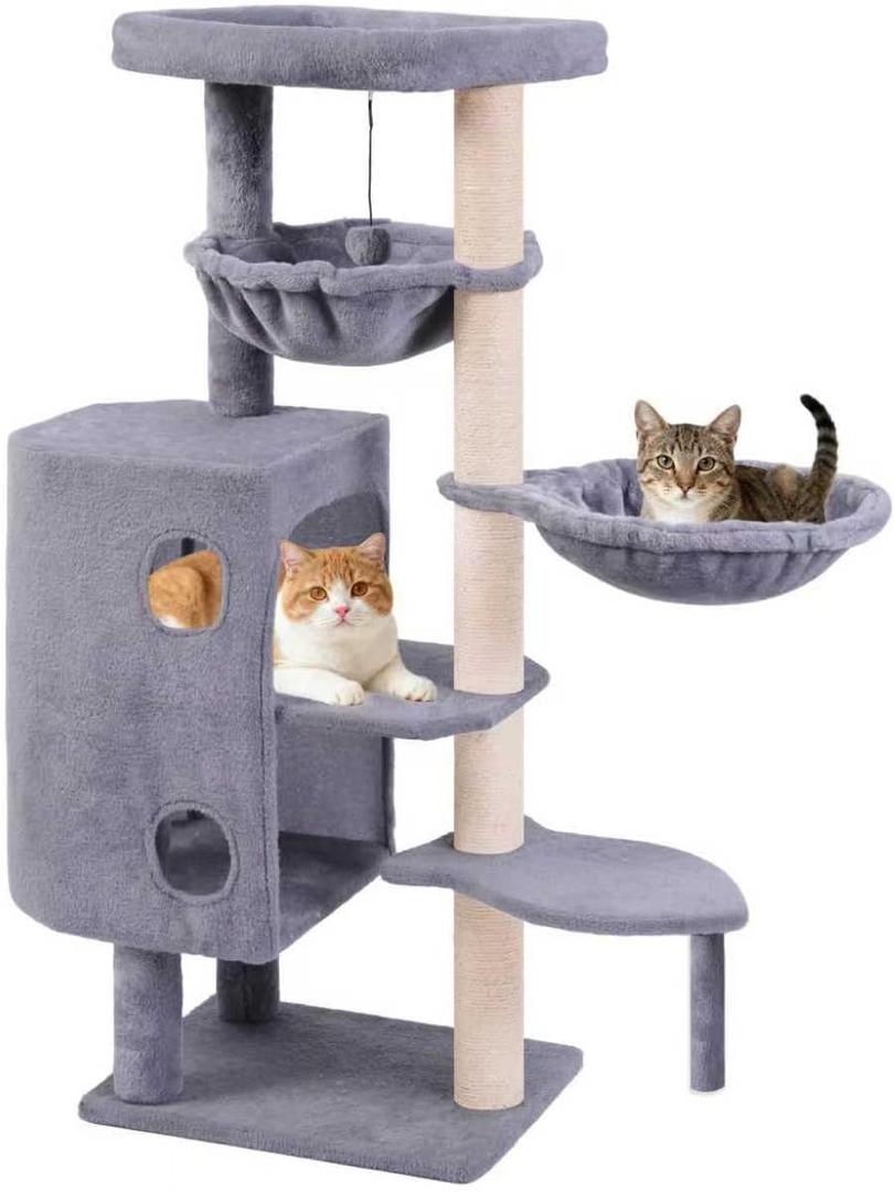 45in Cat Tree Tower with Big Condo for Indoor Cats,Cat Tower with Scratching Post,Scratching Board and Cat Toys,Multi-Level,Small Space,Transformer Cat Tree (Grey+)