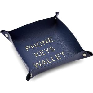 5 x Key Tray - 6.9 x 6.9 x 2.2 in, Navy Blue PU Leather - Soft Suede Lining & Polished Finish - Catchall Tray for Men & Nightstand & Desk Organizer
