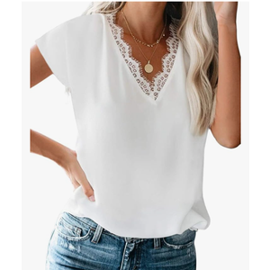 lime flare Dressy Lace Trim Blouse Tops Popular Short Sleeve Shirt, Size Small