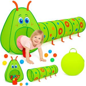 Kiddey Caterpillar Kids Play Tunnel & Tent Toddler Crawl Tunnel + Play Tent, Pop-Up Indoor/Outdoor Ball Pit Playset (Balls Not Included), Folds Flat for Storage