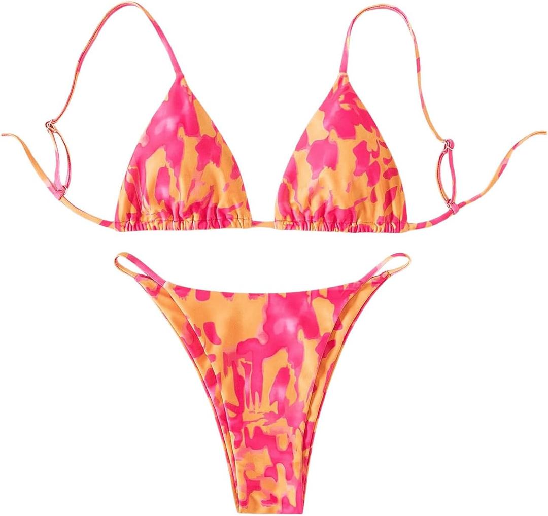 GORGLITTER Women's Triangle G String Bikini Set Color Block High Cut Swimsuit Tie Dye Summer Bathing Suit (Medium, Pink Multi)