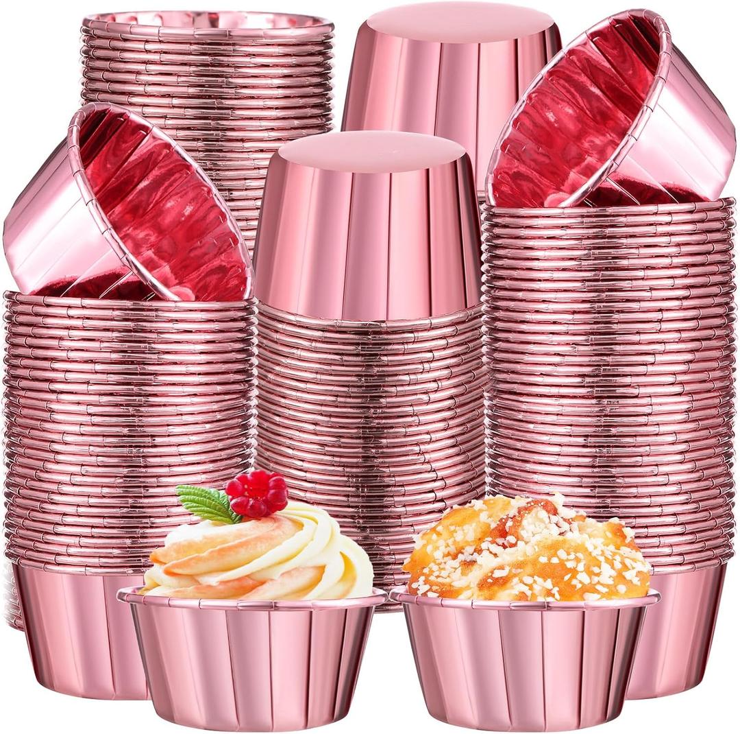 300 Pack Rose Pink Cupcake Cups Bulk Disposable Foil Muffin Liners 3.5 oz Wrappers for Baking Aluminum Paper Mini Metallic Disposable Holiday Party Wedding Festival Supply