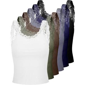 6 Pieces Lace Camisole Tank Tops for Women - Ribbed Undershirt With Lace Trim and Straps L