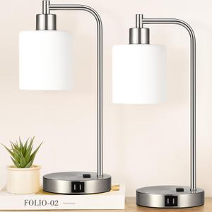Set of 2 Industrial Touch Control Table Lamps with 2 USB Ports and AC Outlet - 3-Way Dimmable Nickel Bedside Lamp Nightstand Desk Lamps for Bedroom Living Room, Opal Glass Shade & 2 LED Bulbs Included