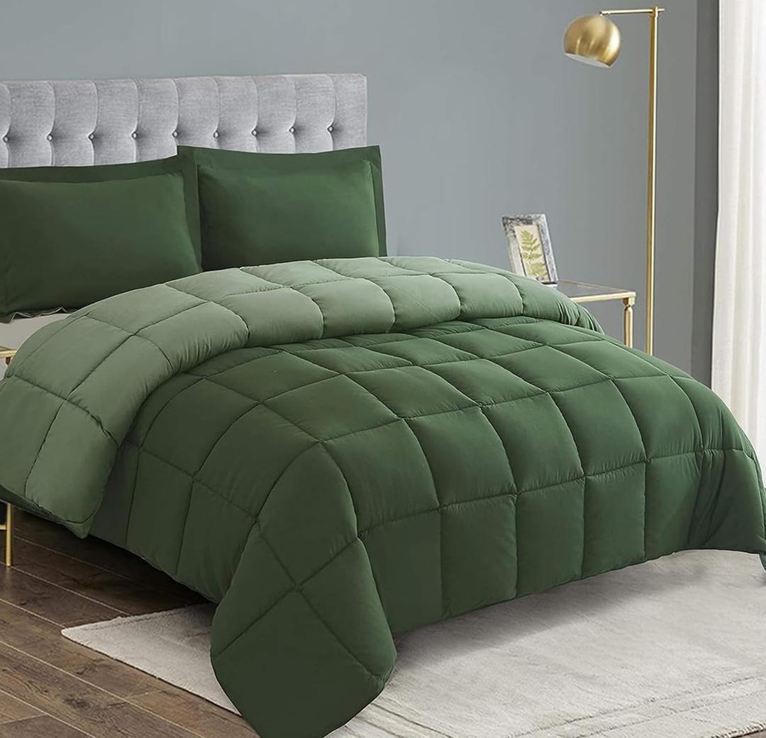 HIG 3pc Green Queen Size Comforter Set - All Season Reversible Down Alternative Bedding Comforter Set - Quilted Duvet Insert with Corner Tabs - Box Stitched Blanket - Breathable, Soft, Fluffy