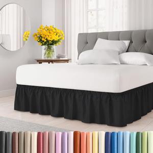 Wrap Around Dust Ruffle Bed Skirt - Black - for Queen Size Beds with 18 Inch Drop - Easy Fit Elastic Strap - Adjustable Pleated Bedskirt w/Brushed Fabric - Wrinkle Free - for Women, Men, Kids & Teens