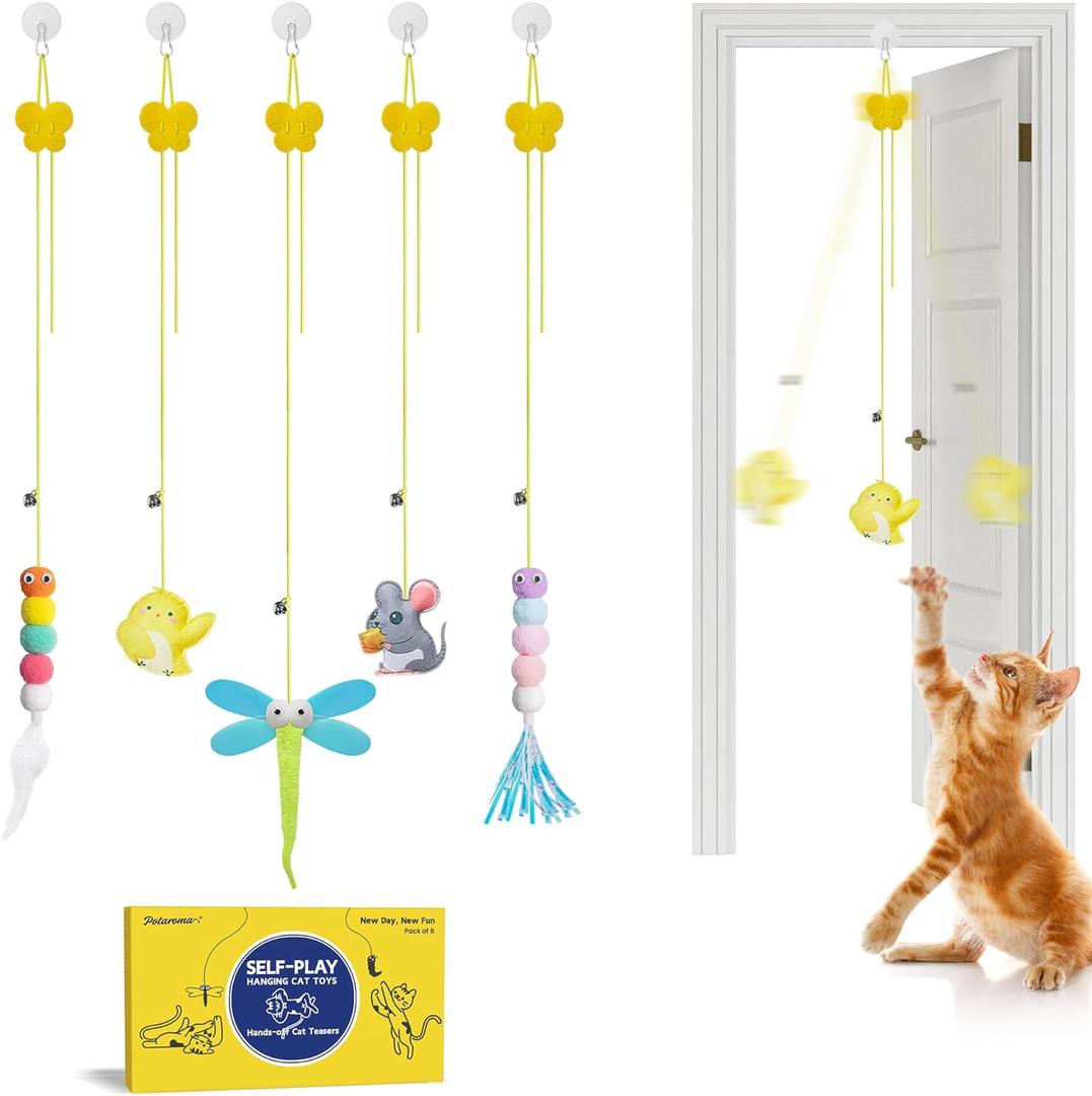 Potaroma Interactive Cat Feather Toys 5 Pcs, Cat Teaser Retractable Hanging Indoor Kitten Play Chase Exercise, Mental Physical Stimulation for All Breeds and Species (Max Extended Length 78 inches)
