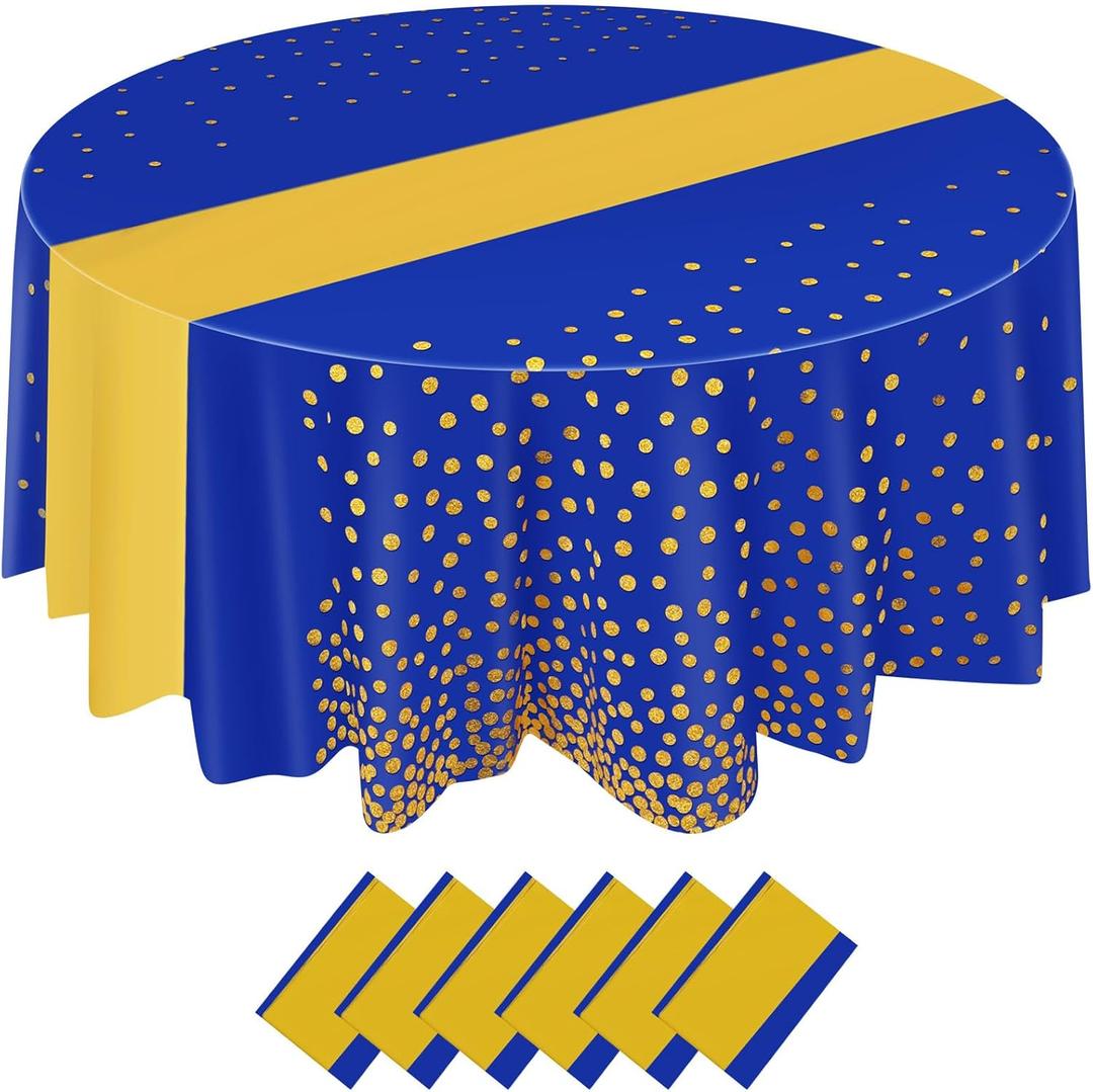 Newwiee 6 Pcs 84 Inch Polka Dot Round Disposable Tablecloths Plastic Table Cover Plastic Table Cloth with Runner Printed for 2025 Graduation Birthday Party Wedding Prom (Blue,Gold)