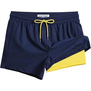 maamgic Mens Swim Trunks with Compression Liner Short Stretch Mens Bathing Suit Quick Dry Swimming Trunks Swimsuit (Navy Blue Yellow, Large)