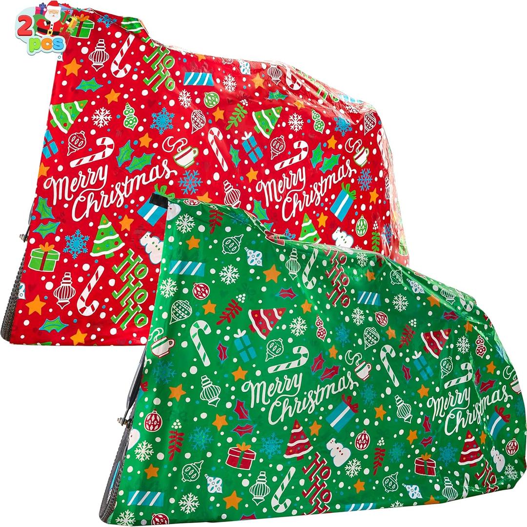 JOYIN 2 PCS Christmas Jumbo Bicycle Gift Bag 72x60 with Tag, Xmas Extra Large Red Green Bike Bags for Heavy Duty Present Wrapping, Huge Gifts Decorations
