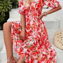 Womens Floral Flowy Wrap V Neck Midi Dress Short Sleeve Elastic Waist Casual Spring Summer Dresses for Women 2025 (S)