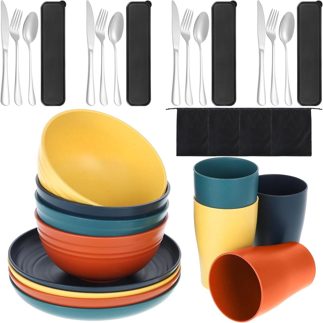 32-Piece Wheat Straw Dinnerware Set, Unbreakable Portable Camping Mess Kit with Plates & Bowls, Dishwasher & Microwave Safe for Family, Picnics & Travel (Colorful)