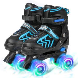 Adjustable Toddler Kids Roller Skates with Light Up Wheels for Boys Girls Beginners for Indoor Outdoor Sports (Medium - Big Kid, Black&Blue)