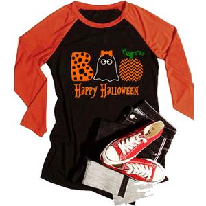 Happy Halloween Ghost Souls Funny Tshirt for Women Long Sleeve Tops Cute Color Block Casual Shirt (Medium, Black)
