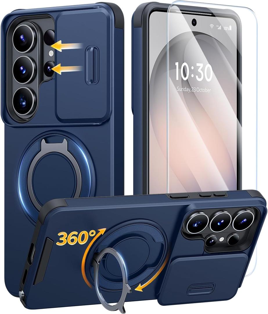 JAME for Samsung Galaxy S26 Ultra Case, Ring Holder Stand Kickstand, Slide Camera Cover with Screen Protector, Dual-Layer Shockproof Protective Magnetic Accessory Friendly S26 Ultra Phone Case, Blue