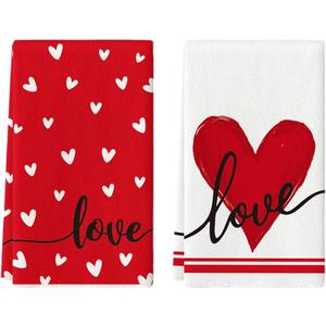 Artoid Mode Red Heart Love Kitchen Towels Dish Towels, 18x26 Inch Anniversary Wedding Farmhouse Decoration Hand Towels Set of 2