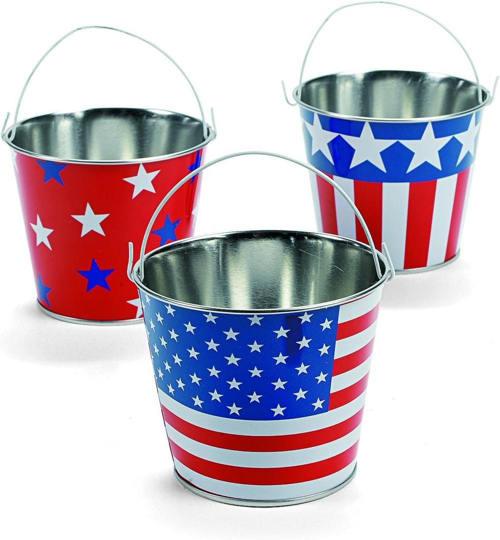Fun Express Patriotic Pails - 4th of July & Party Favors - 2.75' x 3.25' | Multi-color | Pack of 12