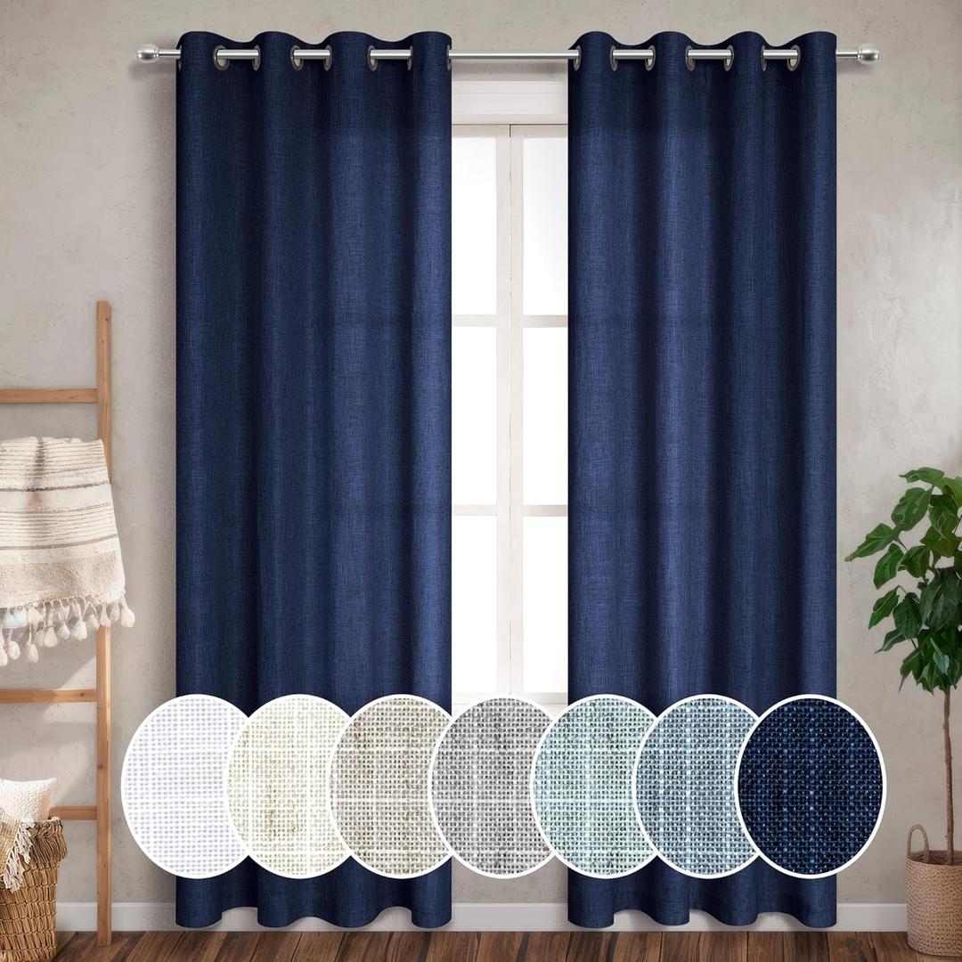 Pitalk Navy Blue Grommet Curtains 102 Inches Long for Living Room Bedroom 2 Panels Grommet Light Filtering Nautical Linen Drapes Dark Blue Curtains 102 Length for Patio Sliding Glass Door Indigo Blue