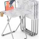 TV Tray Table,Folding Table with Cup Holder Portable,Foldable Snack Tray for Eating,Small Folding Tables Set of 4,Dinner Tables for Couch, Living Room,Small Space (White Marble,4Pcs)