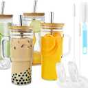 Glass Cups with Bamboo Lids and Straws,24oz Tumbler With Handle,4 Pack Mason Jar with Lid and Straw-Wide Mouth Reusable Drinking Glasses,Boba Cup Smoothie Tumbler Iced Coffee Cup Travel Mug