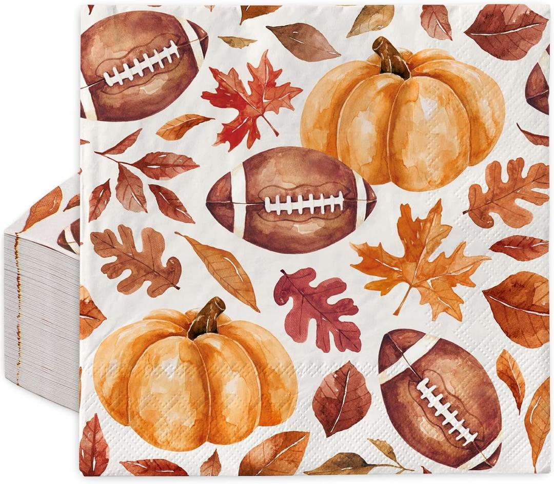 AnyDesign 80Pcs Fall Football Pumpkin Paper Napkin Maple Leaves Pumpkin Rugby Luncheon Napkin 6.5 x 6.5 Inch Autumn Decorative Dinner Hand Napkin for Farmhouse Birthday Baby Shower Tea Party Supplies