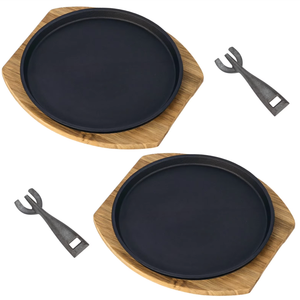ZALIR 2 Set Sizzling Steak Plates, Iron Steak Plate with Wooden Tray and Heatproof Clip, Round Fajita Plate for Grilling and Teppanyaki, Easy to Clean