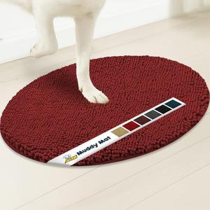 Muddy Mat® Shown on TV – Super Absorbent Microfiber Dog Door Mat for Muddy Paws, Non-Slip Washable Pet Rug, Quick Dry Chenille Entryway Carpet, Machine Washable Indoor Outdoor Mat, Red Oval 6ft x 9ft
