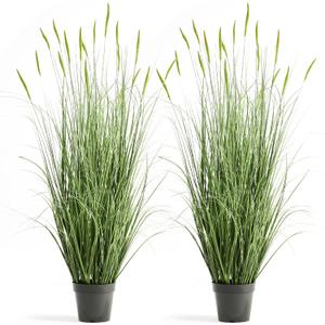 Faux 4ft 2-Pack Horsetail Reed Grass with Green Spikes, 48in Tall Indoor Outdoor Fake Grass in Pot, Home Office Decorative Artificial Plant & Greenery, Wedding Decor Bristlegrass