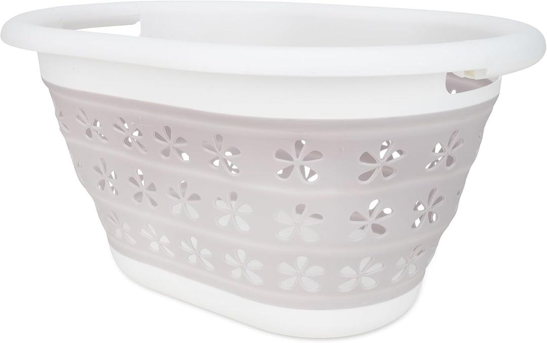 Camco Collapsible Laundry Basket with Handles, Taupe/White, Small, 51951, 10 inches tall expanded