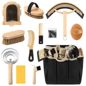 Abbylike 12 Pieces Horse Grooming Kit with Organizer Tote Bag Tack Room Supplies Horse Brush Sets Equine Care Cleaning Kit Shedding Grooming Massaging Tools (Khaki and Black)