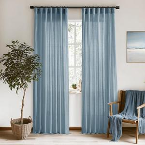 XTMYI Stone Blue Curtains 90 Inches Long for Living Room,Light Filtering Country Vintage Hooks Pleated Back Tab Semi Sheer Linen Curtains for Bedroom 2 Panels Set,Dusty Blue