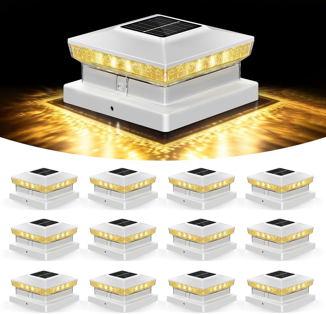 Solar Post Cap Lights 12 Packs for 4x4 5x5 Wooden/Vinyl Posts, IP65 Waterproof Fence Post Solar Lights with Warm/Cool/Neutral Lighting, Outdoor Post Lights for Garden, Patio, Porch- White