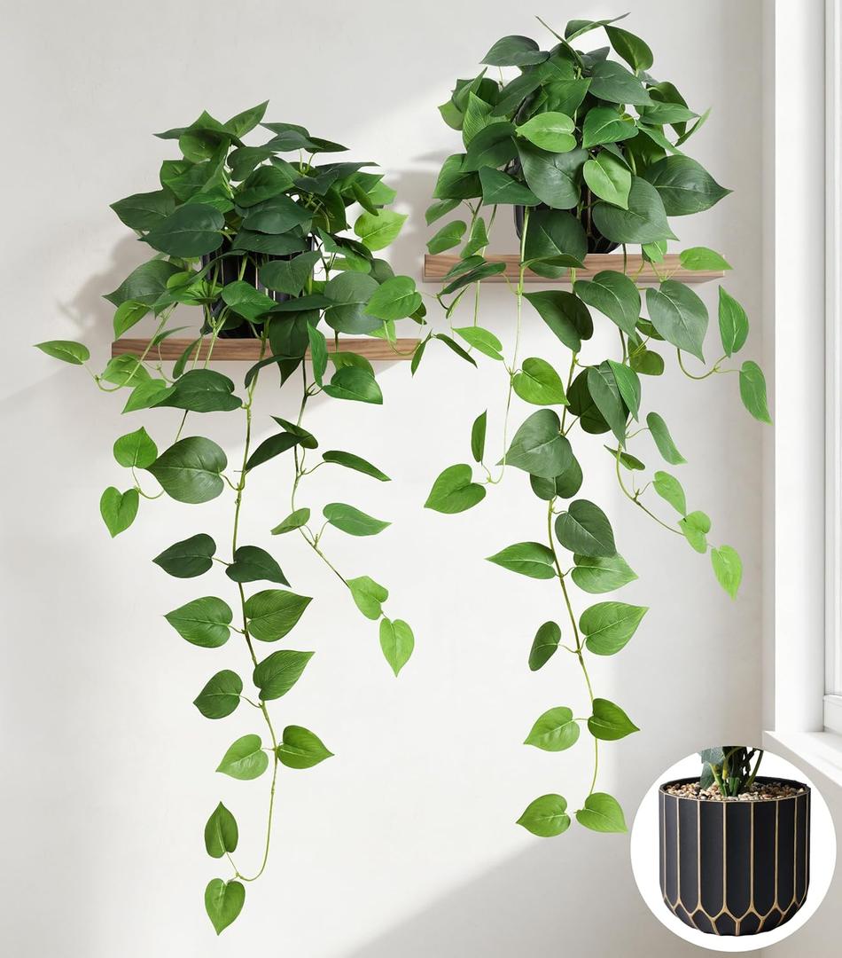 Fake Plants 2 Pcs Faux Pothos Plants Potted Indoor Artificial Hanging Plants Realistic Fake Greenery Table Desk Bathroom Office Bedroom Living Room Shelf Modern Farmhouse Decor Indoor