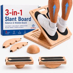 Slant Board for Exercise, 3-in-1 Wooden Calf Stretcher, Rocker Balance Board and 360 Wobble Board, 5 Adjustable  Angles, Anti-Slip Surface, Training Poster Included, Size: Standard