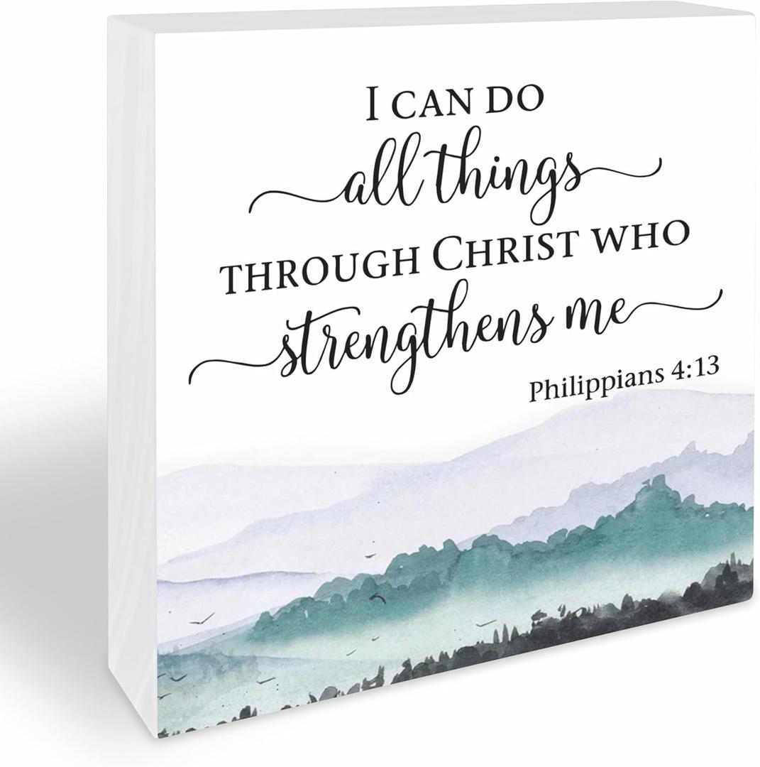 5 Inches Motivational Quote Wooden Sign - I Can Do All Things Through Christ Who Strengthens Me Wooden Block- Inspirational Religious Gifts For Friends Family -Greenery Farmhouse Tabletop Office Home Decor (A11)