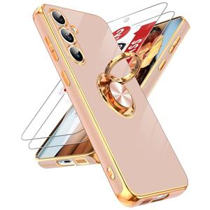 LeYi for Galaxy S23 FE 5G Case: with Tempered Glass Screen Protector [2 Pack] 360° Rotatable Ring Holder Magnetic Kickstand, Plating Rose Gold Edge for Galaxy S23 FE 5G Case, Pink