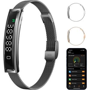 Smart Bracelet,Activity&Fitness Trackers,Touch Screen/Sleep Tracker/Heart Rate/Blood Oxygen,5ATM Waterproof,Multiple Sports Modes,Free App for iOS Android (Steel Belt, Black)