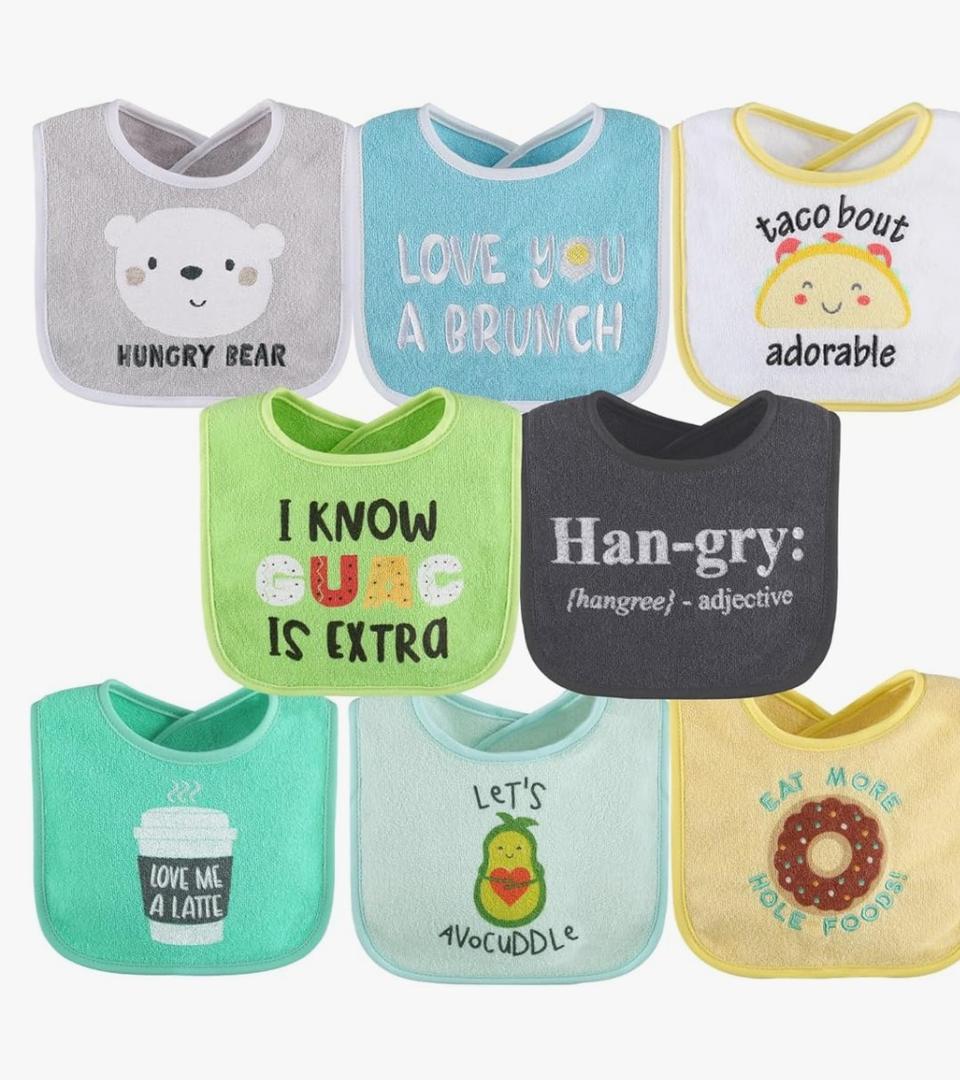 The Peanutshell Baby Boy or Girl Terry Bibs Set of 8-100% Cotton, Soft, Absorbent Baby Bibs, Unisex Toddler Boy or Girl Set, Newborn & Infant - Han-Gry, 8 Pieces