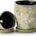 Pkeo Bbun 4+6 Inch Ceramic Planter Set of 2 with Drainage Hole,Saucer for Plants, IndoorOutdoor Large Round Succulent Orchid Flower Pot Cement Paint, Innerpots not Larger Than 5 Inch Light Green