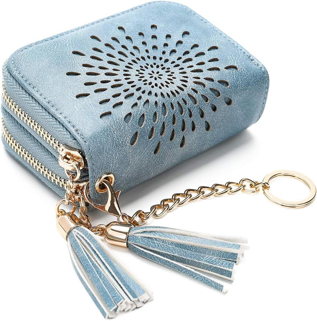 APHISON RFID Credit Card Holder Zipper Card Case Keychain Small Wallet for Women 1942-2 BLUE