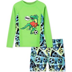 Boys Two Piece Rash Guard Swimsuits Kids Long Sleeve Printed Swimwear Sets Quick Dry Bathing Suit Boys 4-12 Years (Green)