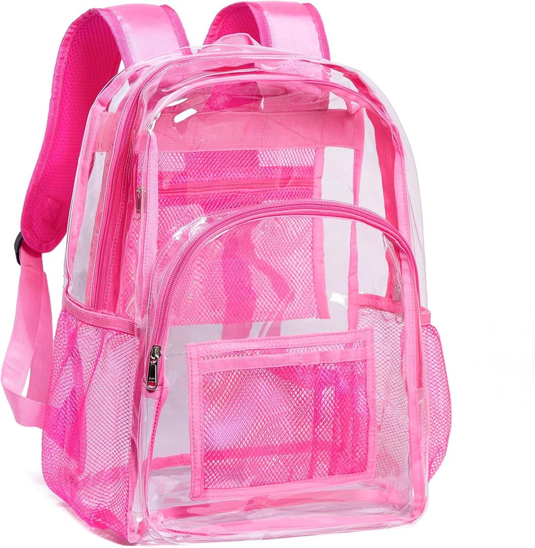 Vorspack Clear Backpack Heavy Duty PVC Transparent Backpack with Reinforced Strap for College Workplace - Pink (Large)