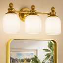Keonjinn Gold Bathroom Light Fixtures, 3-Light Vintage Vanity Lights for Mirror with Frosted Glass Shades, UL Listed E26 Base(Bulbs Not Included), Reversible Vanity Lighting Fixtures for Bathroom