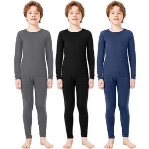 Silkfly Boys Thermal Underwear Set Base Layer Fleece Lined Underwear for Kids Shirt and Pants for Boys Winter (X-Large, Gray, Dark Blue, Black)
