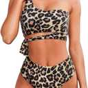 MOOSLOVER Women One Shoulder High Waisted Bikini Tie High Cut Two Piece Swimsuits (Large, Leopard)