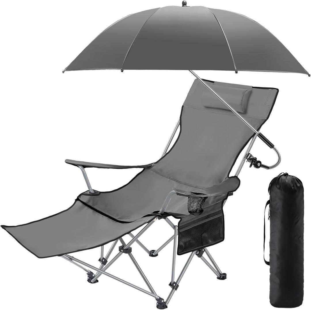 Yuntau Camping Chair with Umbrella Reclining Chair with Foot Rest with Universal Clamp UPF 50+ 360 Degree Adjustable Umbrella Portable Lightweight Foldable for Outdoor