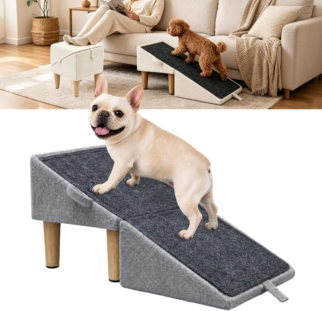 Split Ottoman Dog Ramp for Couch & Bed, 2-in-1 Foldable Wooden Pet Stairs & Steps, Anti-Slip Dog Steps for Small Dogs, Puppies & Senior Dogs, Space-Saving Pet Ramp Ottoman,Grey