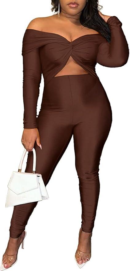 LAJIOJIO Fall Off Shoulder Jumpsuit for Women 2024 Sexy Cut Out One Piece Bodycon Long Romper Party Club Night Outfits
 S
