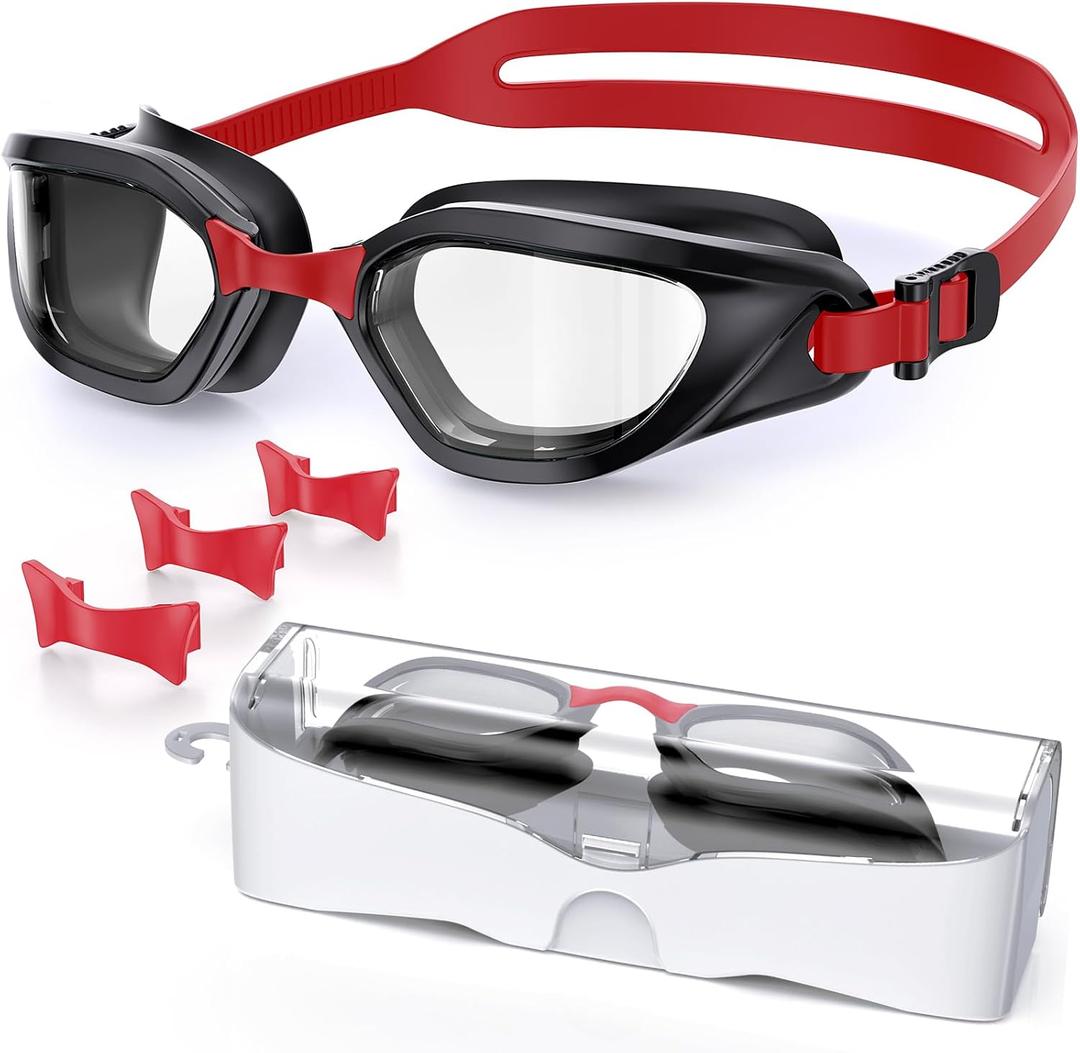 Swim Goggles, Unisex Adult Swimming Goggles Anti Fog Anti UV No Leakage Wide View for Men Women Youth (Black Red/Clear)